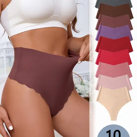 10/20 Pack Scallop Edge Thong Briefs, Comfortable Ice Silk Seamless High Waist Underwear, Casual All Seasons Fitted Bottoms