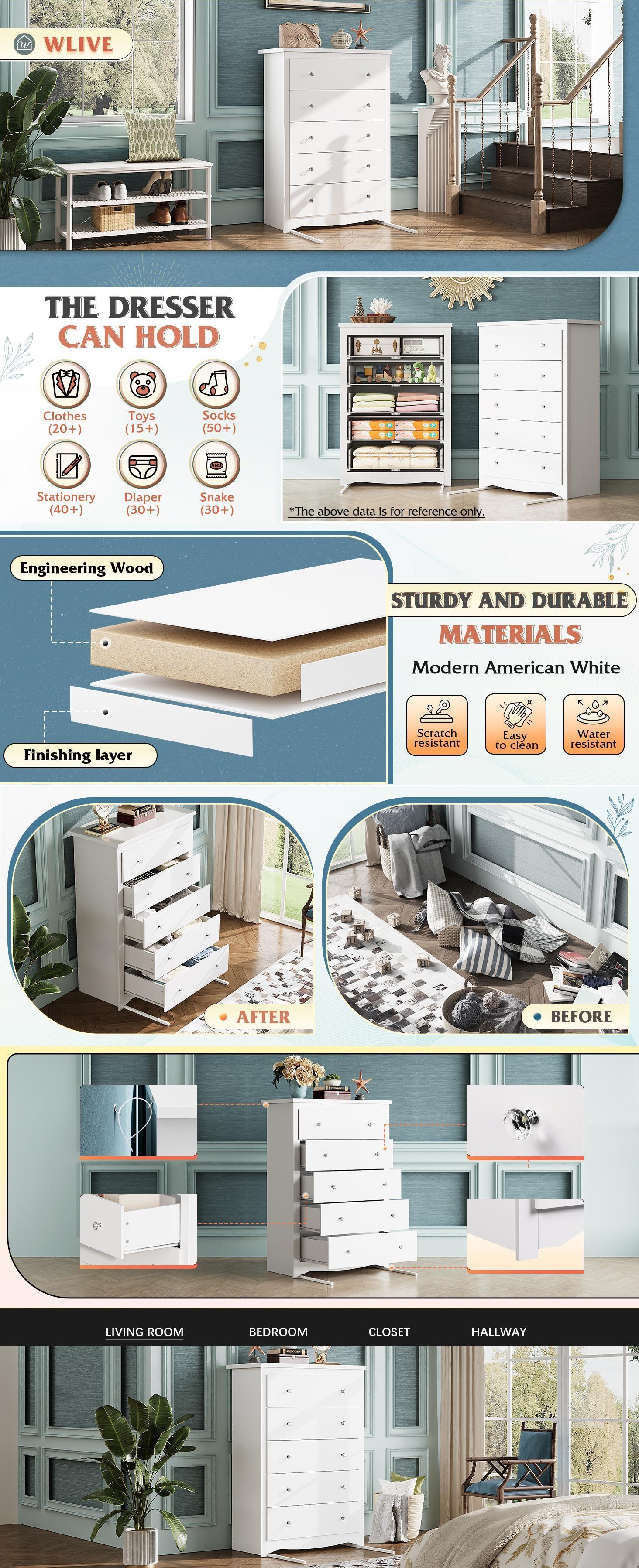 WLIVE Dresser Wooden Chest of Drawers for Bedroom, Modern Dresser Closet Storage Organizer for Living Room Hallway