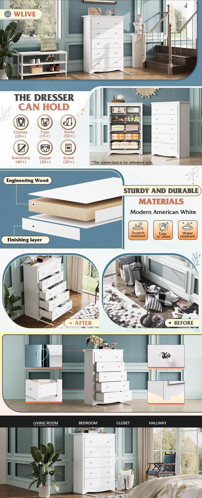 WLIVE Dresser Wooden Chest of Drawers for Bedroom, Modern Dresser Closet Storage Organizer for Living Room Hallway