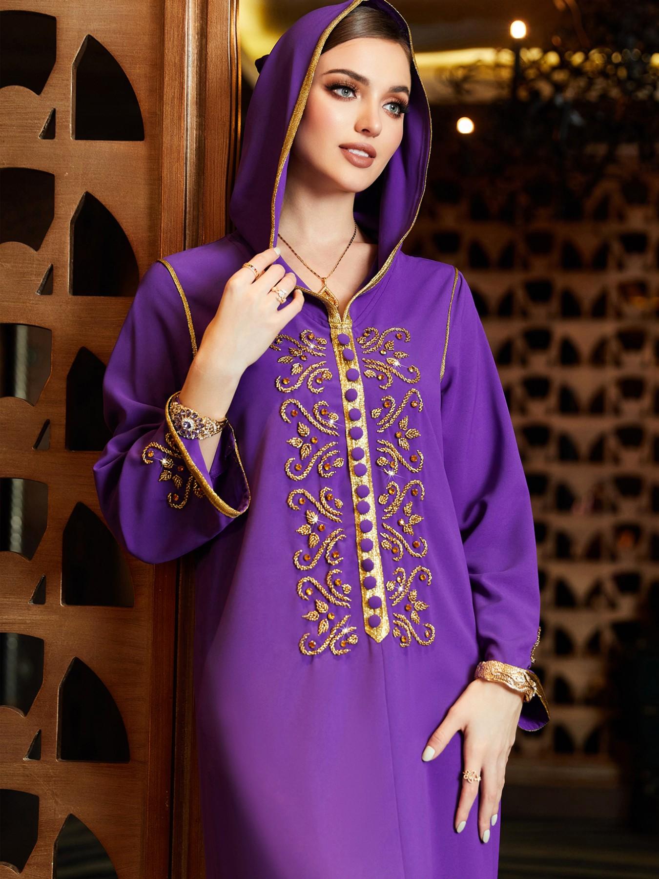 Middle Eastern Fashion Rhinestone Hooded Long Dress, Muslim Women's Festival Abaya, Elegant Holiday with Hat