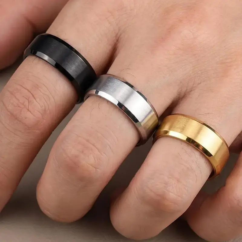 Stainless Steel Rings for Men Wedding Ring Cool Simple Band 8MM Width 3 Pcs A Set Stackable Rings Stacking Rings Wedding Bands, Metal Rings