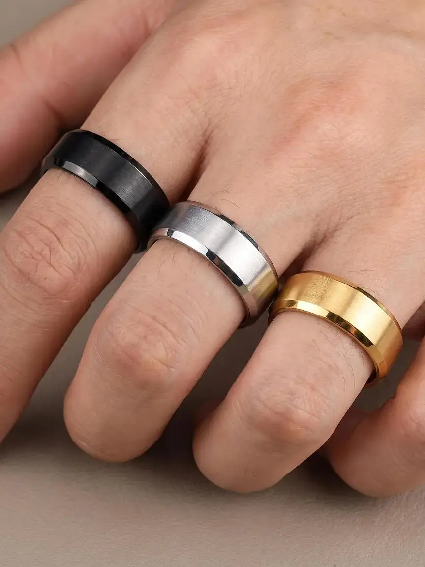 Stainless Steel Rings for Men Wedding Ring Cool Simple Band 8MM Width 3 Pcs A Set Stackable Rings Stacking Rings Wedding Bands, Metal Rings