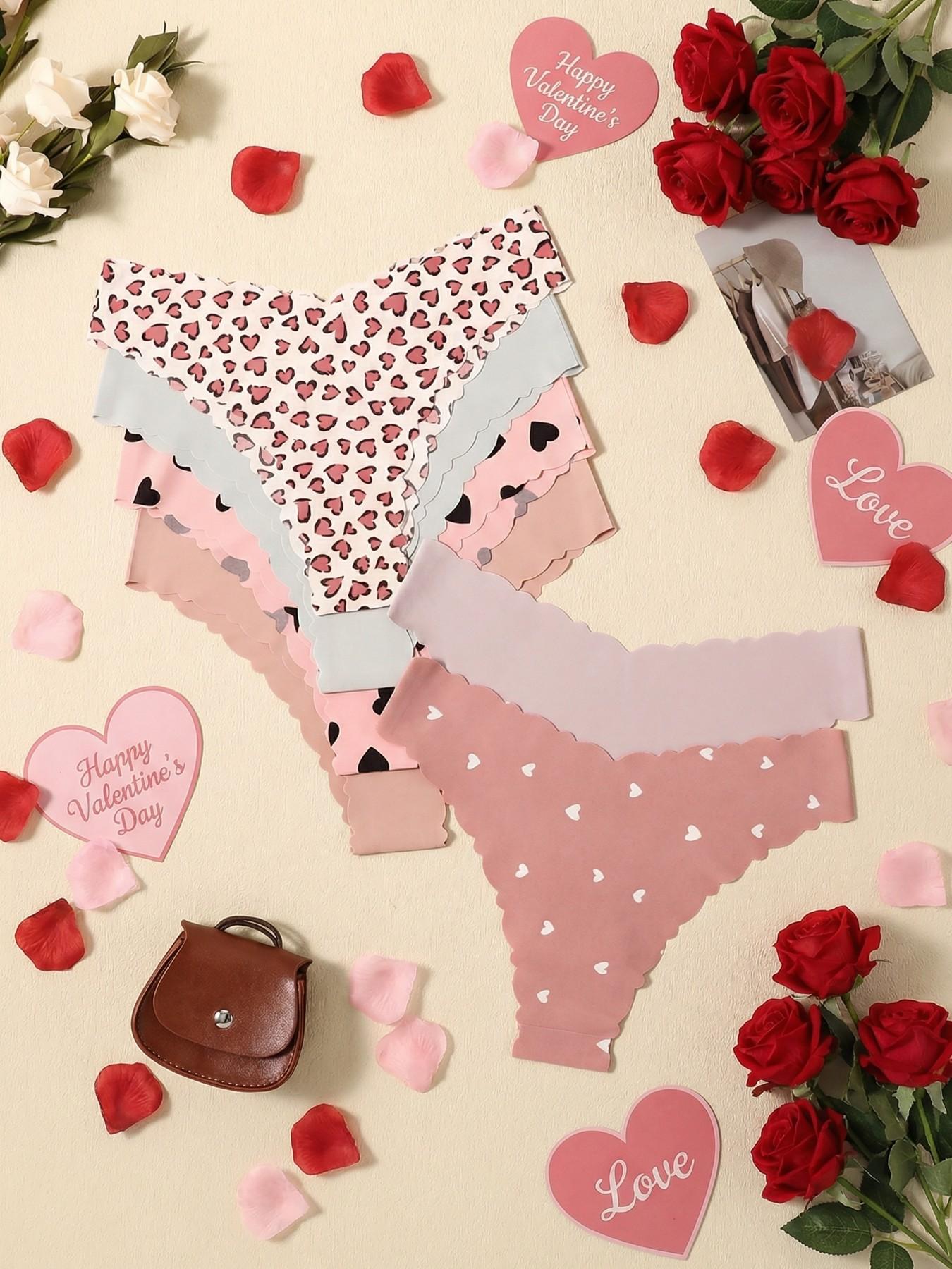 6-Pack Cute Heart & Leopard Print Women's Underwear, High-Quality Designer Briefs with Wavy Edge Design, Perfect Valentine's Day Gift