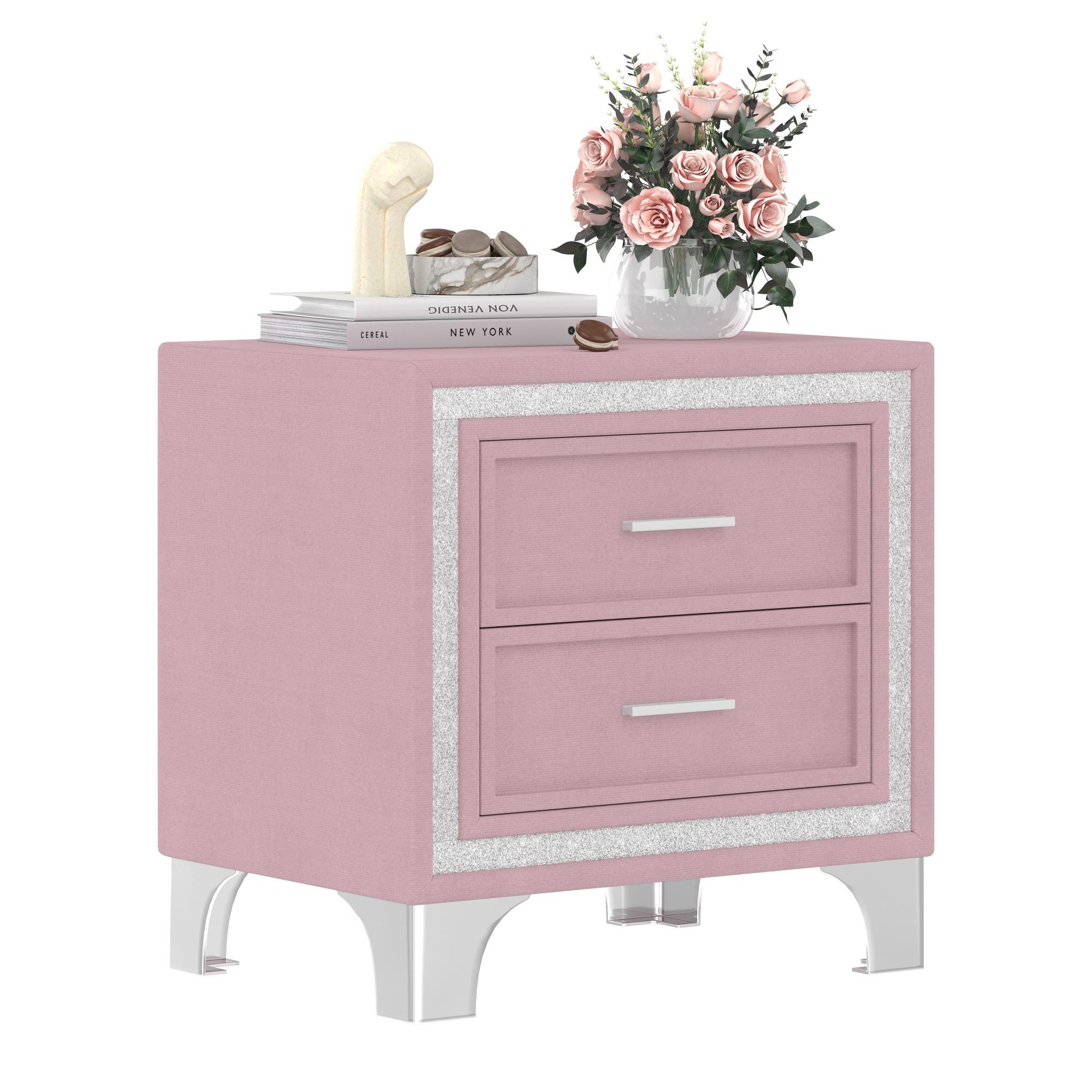 2-Drawer Nightstand with Silver Glitter Strip Decor and Metal Legs, Vintage Upholstered Nightstand, Velvet Bedside Table for Bedroom (Pink)