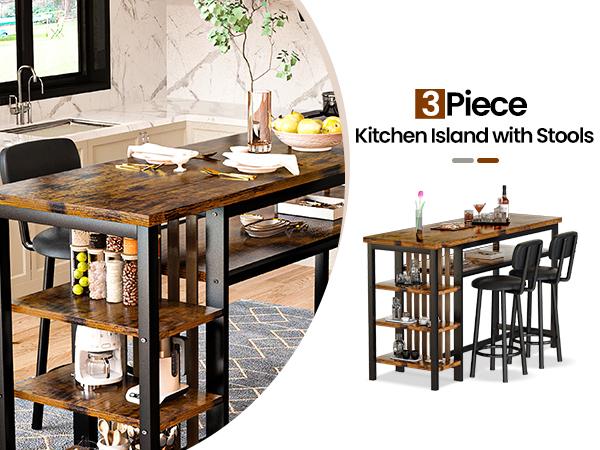 AWQM Set of 3 pub table and chairs, Modern White Faux Marble Table with 2 PU Cushion Bar Stools, Kitchen Counter with 3 Tier Storage Shelves, Space Saving Table for Home & Kitchen, Black Frame, Gold Frame