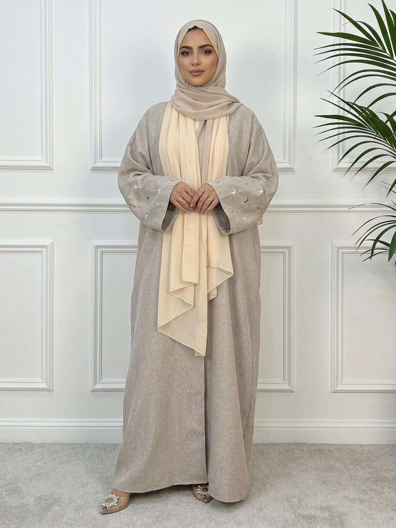 Arabic Clothing- Women's Moon Embroidery Abaya without Hijabs, Summer Outfits 2024, Modest Casual Long Sleeve Open Front Muslim Abaya, Islamic Clothing