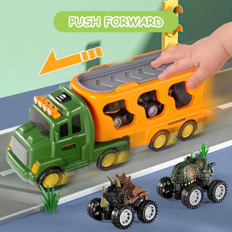7 in 1 Dinosaur Transport Truck Toy Gifts with Mini Dinosaur lover Figures and Race Cars with Lights and Sounds Educational Play Set for Kids Birthday Christmas