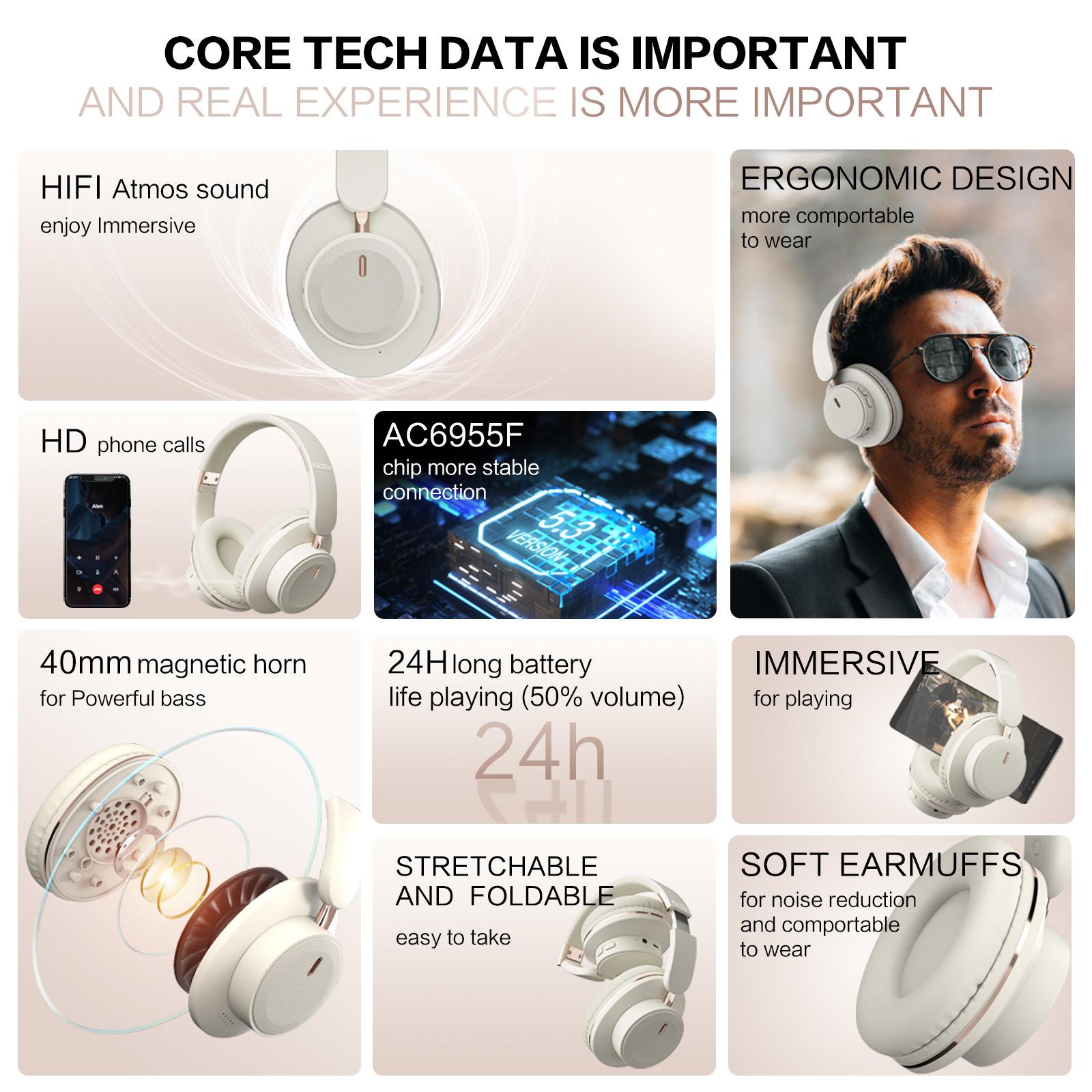 Foldable Wireless Headphones, Immersive Stereo Sound, Bass Boost, Four Color Options, Lightweight Comfort Fit, Long Battery Life