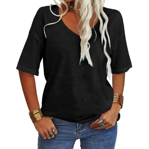 Women's 3/4 Sleeve Shirts V Neck Loose Fitting Tops Casual Solid Color Tshirts Trendy Basic Tunic Summer Ladies Tops