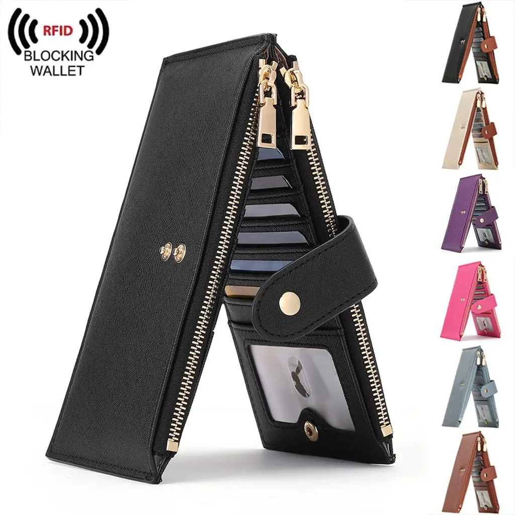 Women's RFID Blocking Bifold Wallet - Ultra Slim Basic Chic Vegan PU Leather Credit Card Holder with 2 Zipper Pockets, 2 ID Windows, 16 Card Slots, Thin Compact Design for Women (Luggage & Bags Category)