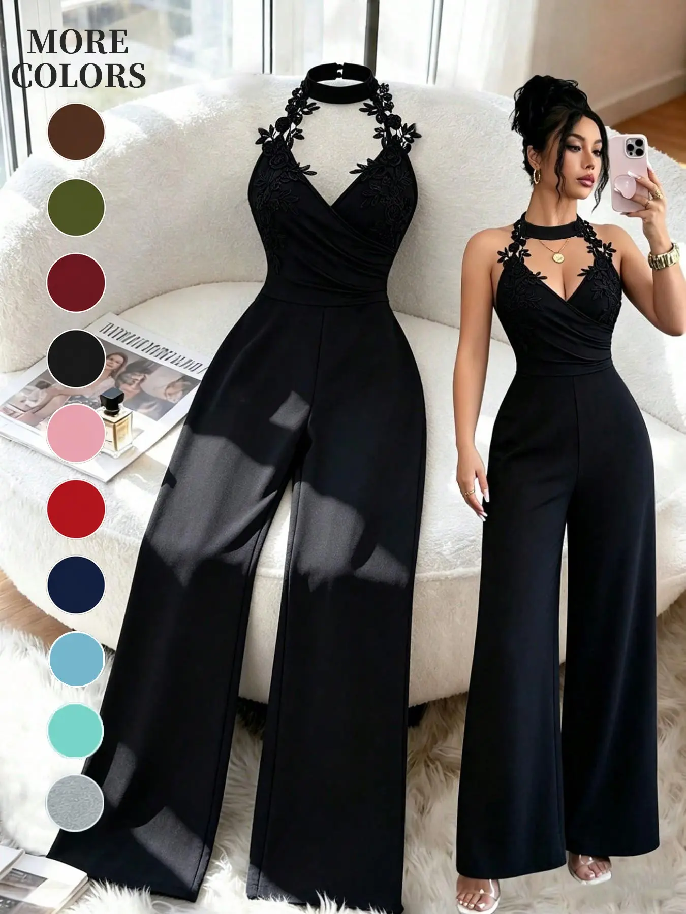 Floral Lace Halter Deep V Cross Back High Waist Bodycon Pants, Sexy & Elegant Design for Dates & Parties, Perfect Fit for Special Occasions