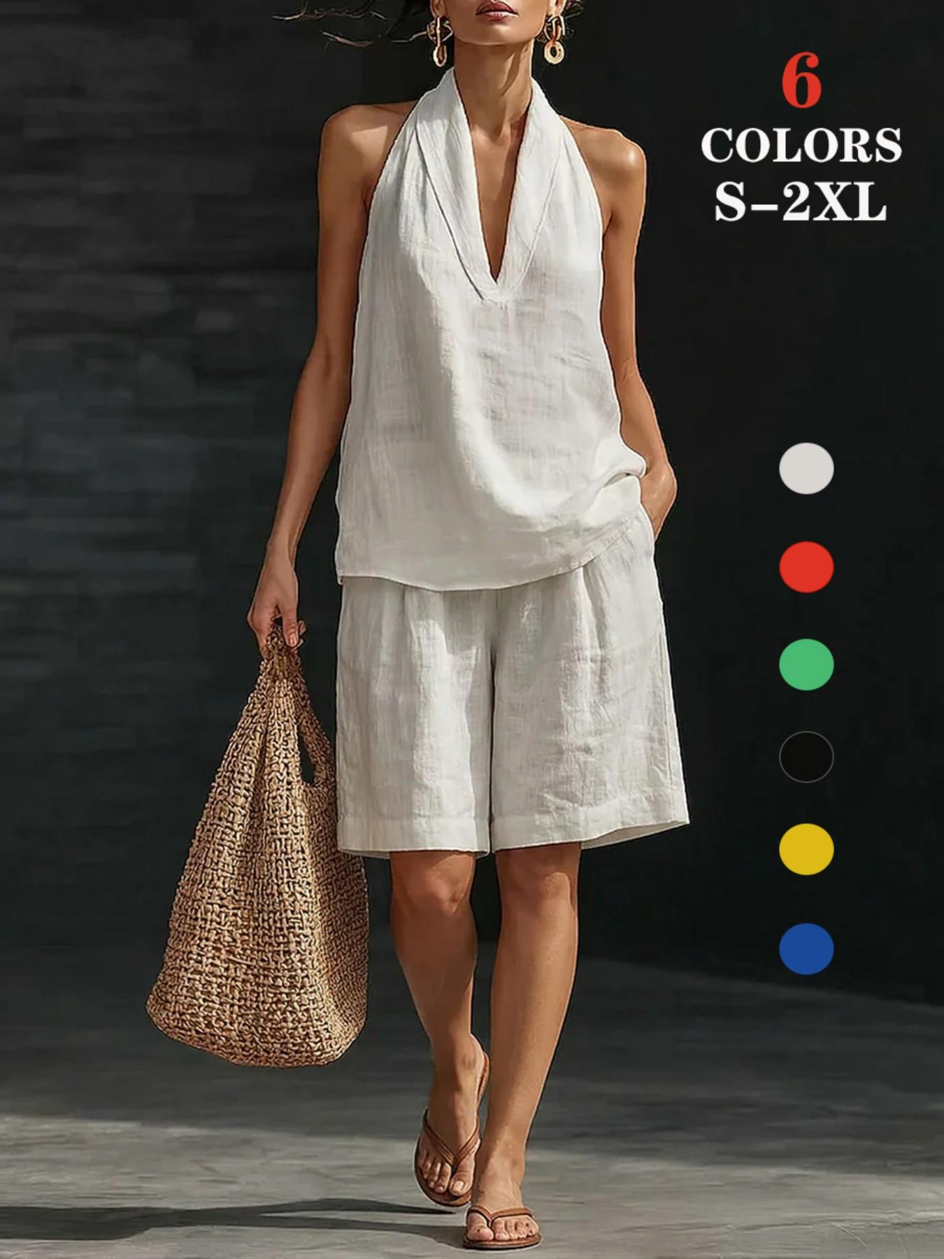 2026 Summer Trendy Women's Y2K 2 Piece, Halter V Neck Sleeveless Top, Casual Shorts Streetwear Set, Outfit, Fashionable and Comfortable, Matching