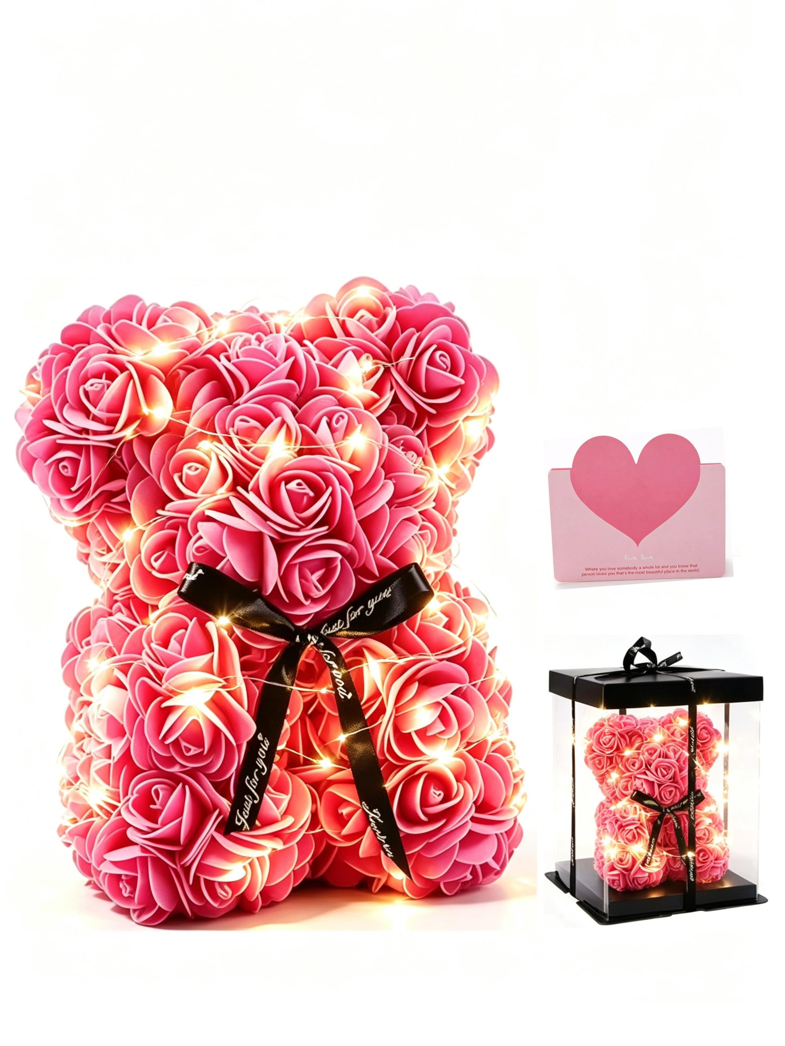 Rose Flower Bear Preserved Flower Gift Box, Valentine's Day Wedding Bouquet, Heart Stone Necklace, Romantic Gift for Girlfriend, Light