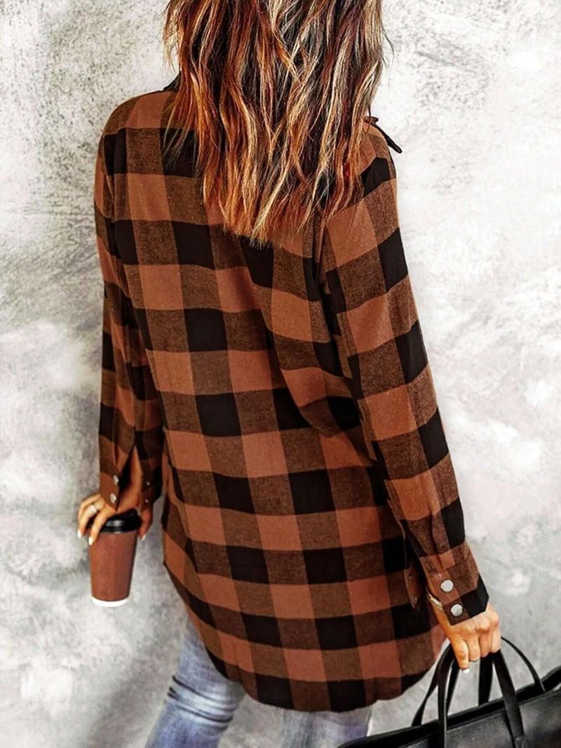 Women's Gingham Shirt, Casual Loose-Fitting Long Sleeve Top, Woven Fabric, All Seasons Wear, Moderate Thickness