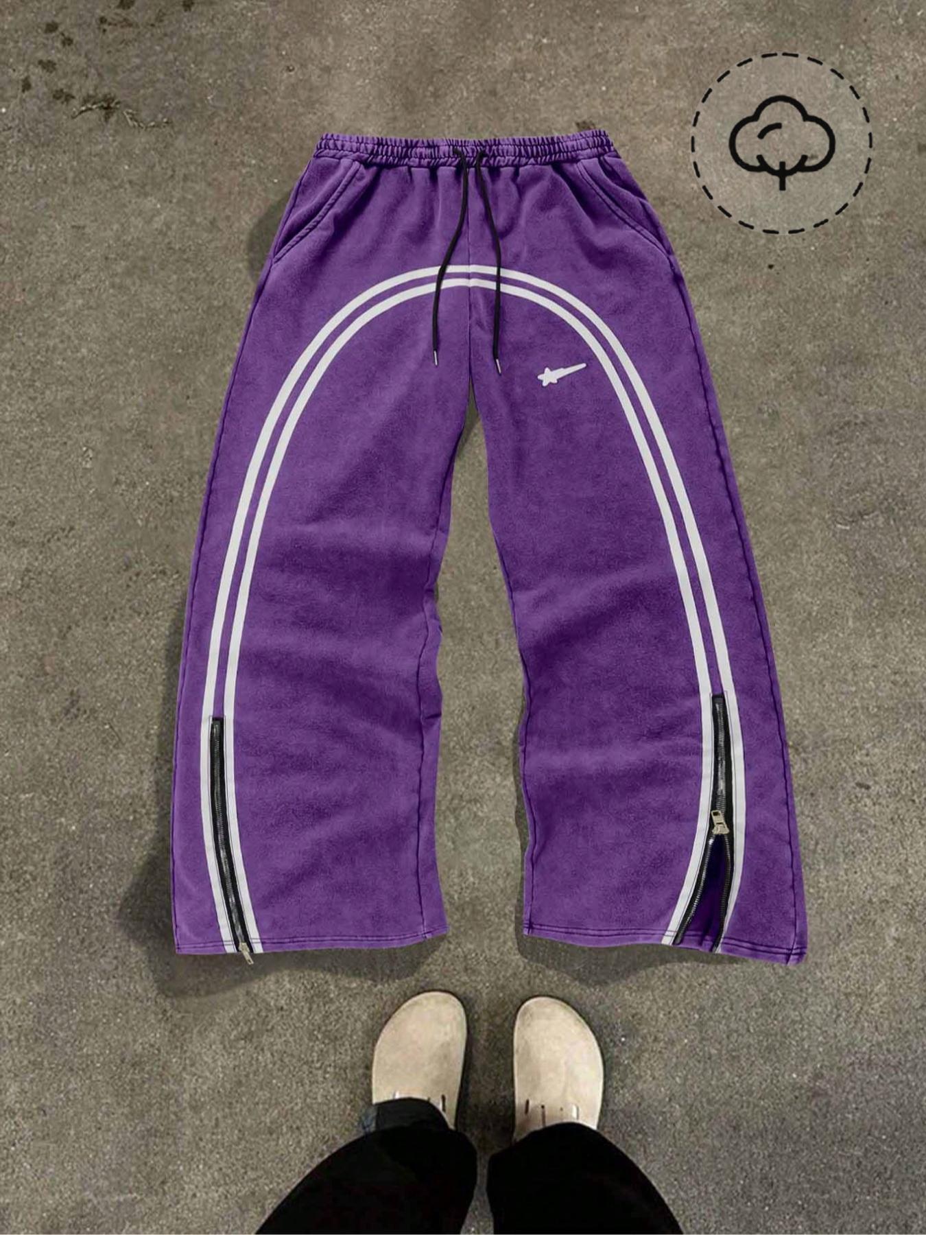 Men's Star & Striped Print Washed Distressed Drawstring Waist Sports Sweatpants, Regular Fit Casual Comfy Fashion Pocket & Zipper Design Pants for Fall & Winter, Sports Bottoms, Casual Athletic Pants, Athleisure Style Bottoms