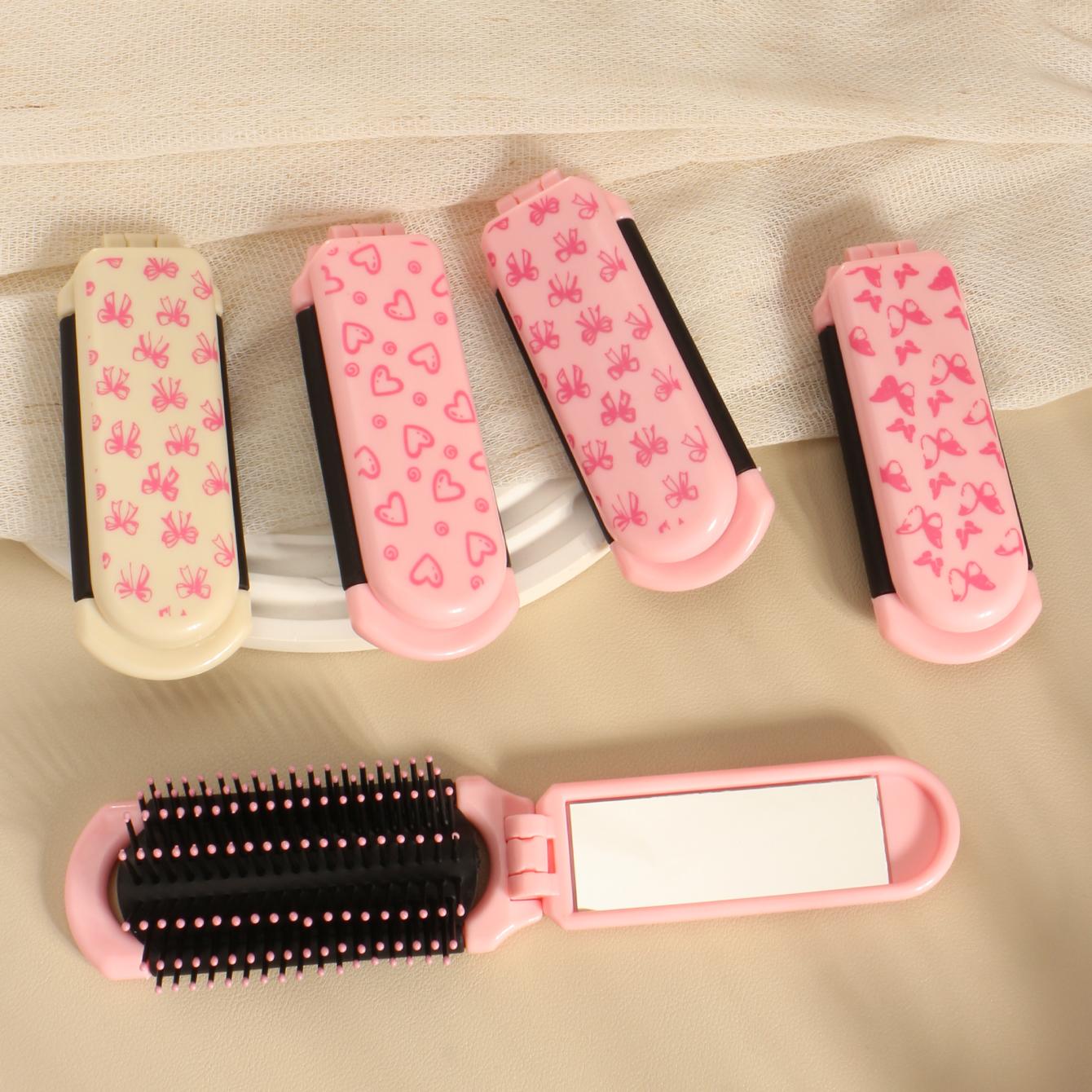 Foldable Comb with Small Mirror, Bow Heart Pattern, Compact Portable ...