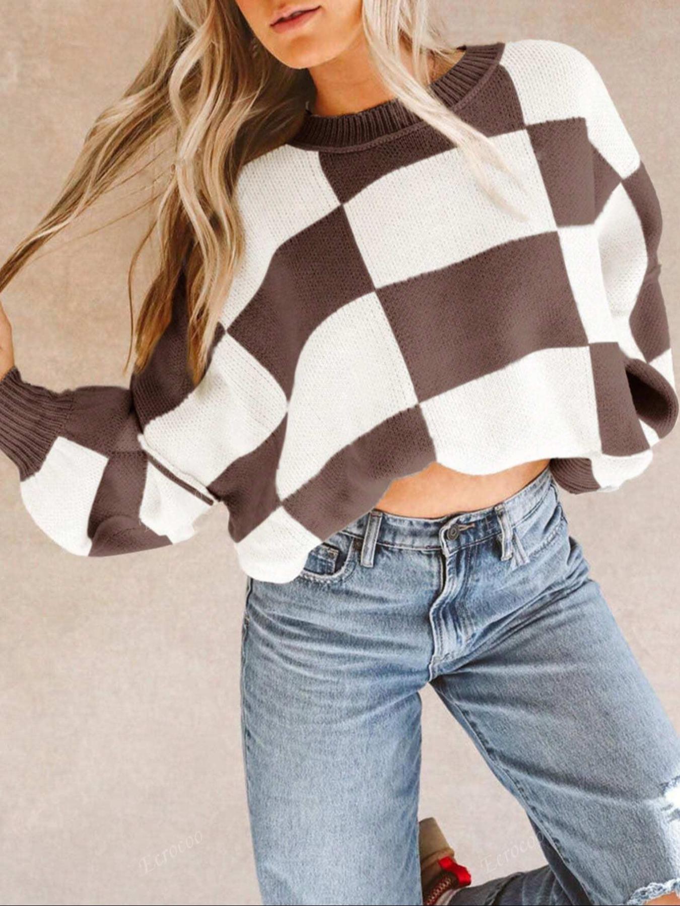 Plus Size Plaid Drop-Shoulder Knitted Sweater, Casual Long-Sleeve Knitwear Womenswear for Fall & Winter, Loose-Fitting Round Neck Pullover for Women