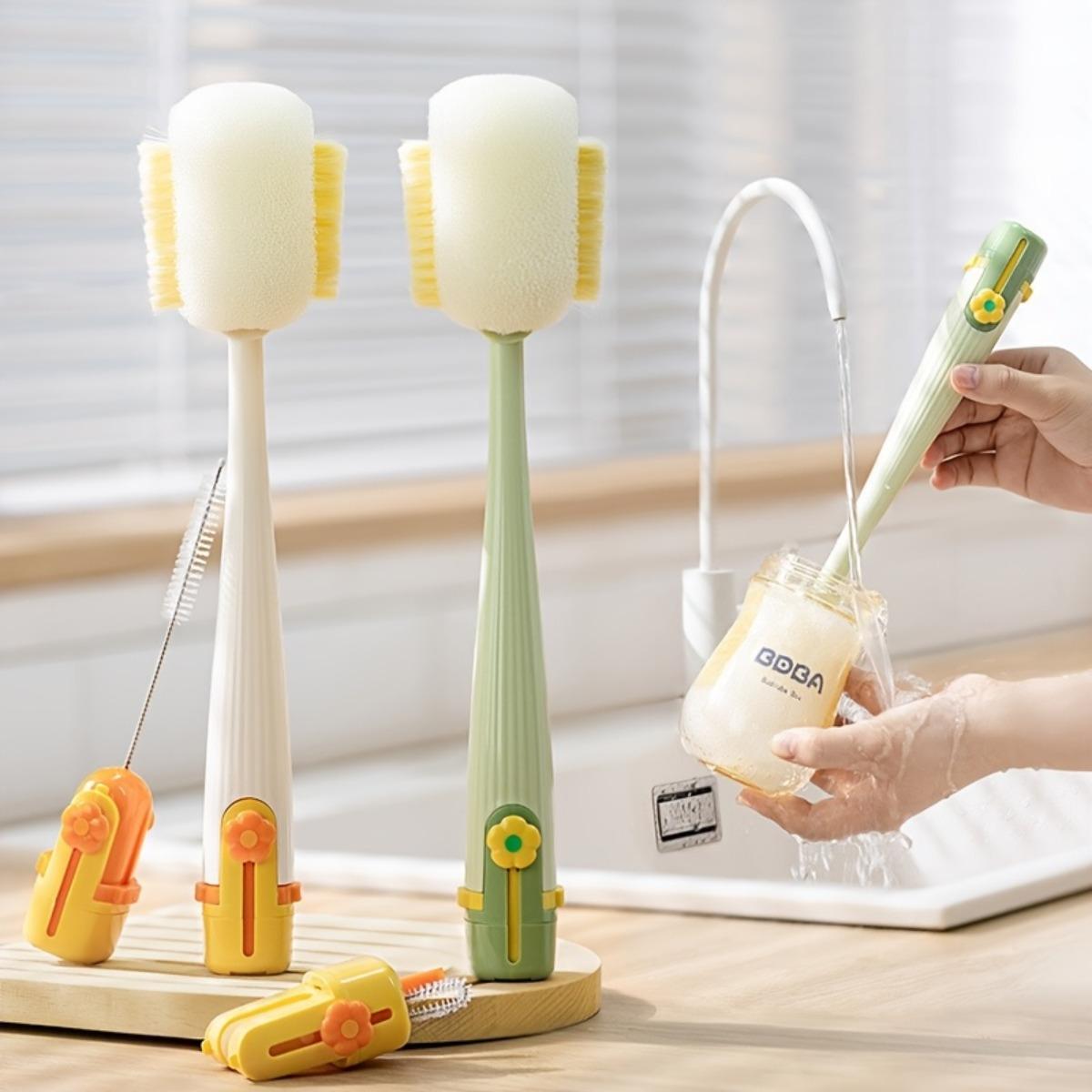 Long-handled Cup Brush Set - Multi-functional Cleaning Tool, Safe Sponge and Stiff Bristle Heads for Bottles/Lids, Detachable Deep Cleaning Dish Scrubber