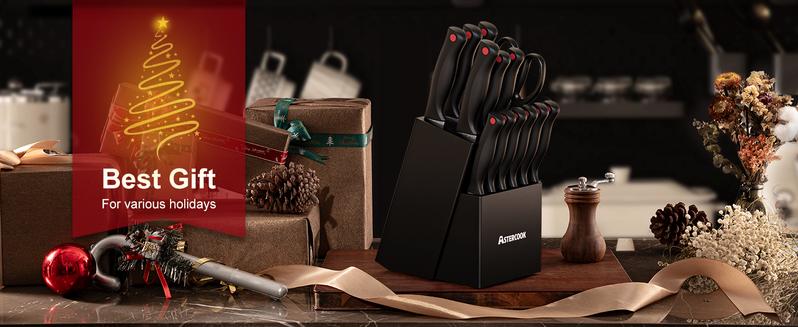 Astercook 14-Piece Knife Set, High Carbon German Stainless Steel, Built-in Sharpener, Sharp & Rust-Resistant, Dishwasher Safe, Black.