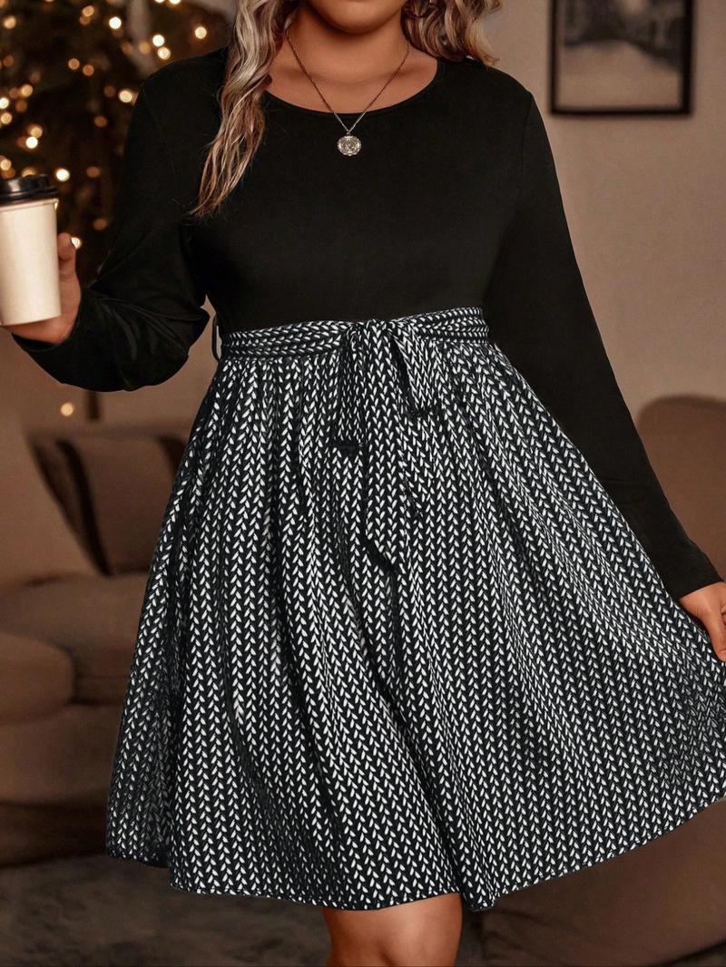 Plus Size Women's Colorblock Round Neck A-Line Dress, Elegant Long ...