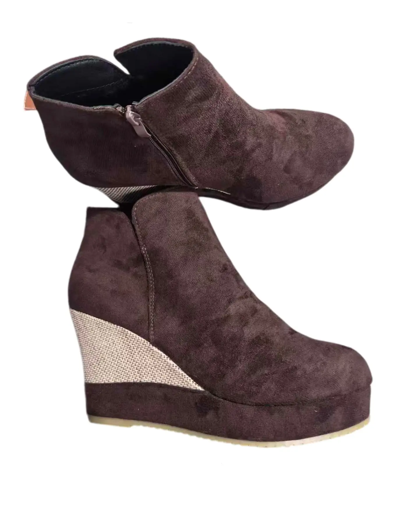 New Western Style Metal Rivet Braided Wedge Short Boots, Faux Fur Lining Comfortable Heeled Commuter Anklet Women's Shoes, Fashion Boots