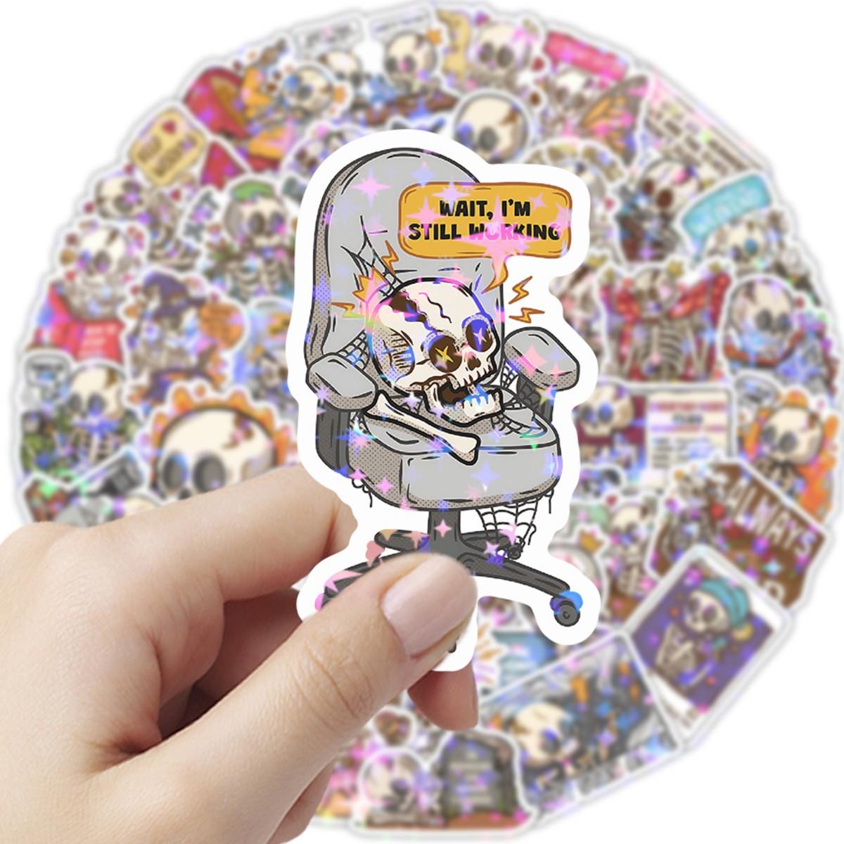 1Pc 50PCS Holographic Skull Stickers Funny Cute Waterproof Vinyl Decals Aesthetic Cartoon Graffiti Sticker Pack for Laptop Water Bottle Phone Case Skateboard Helmet Scrapbook DIY Decor Gift Spring Summer Party Supplies