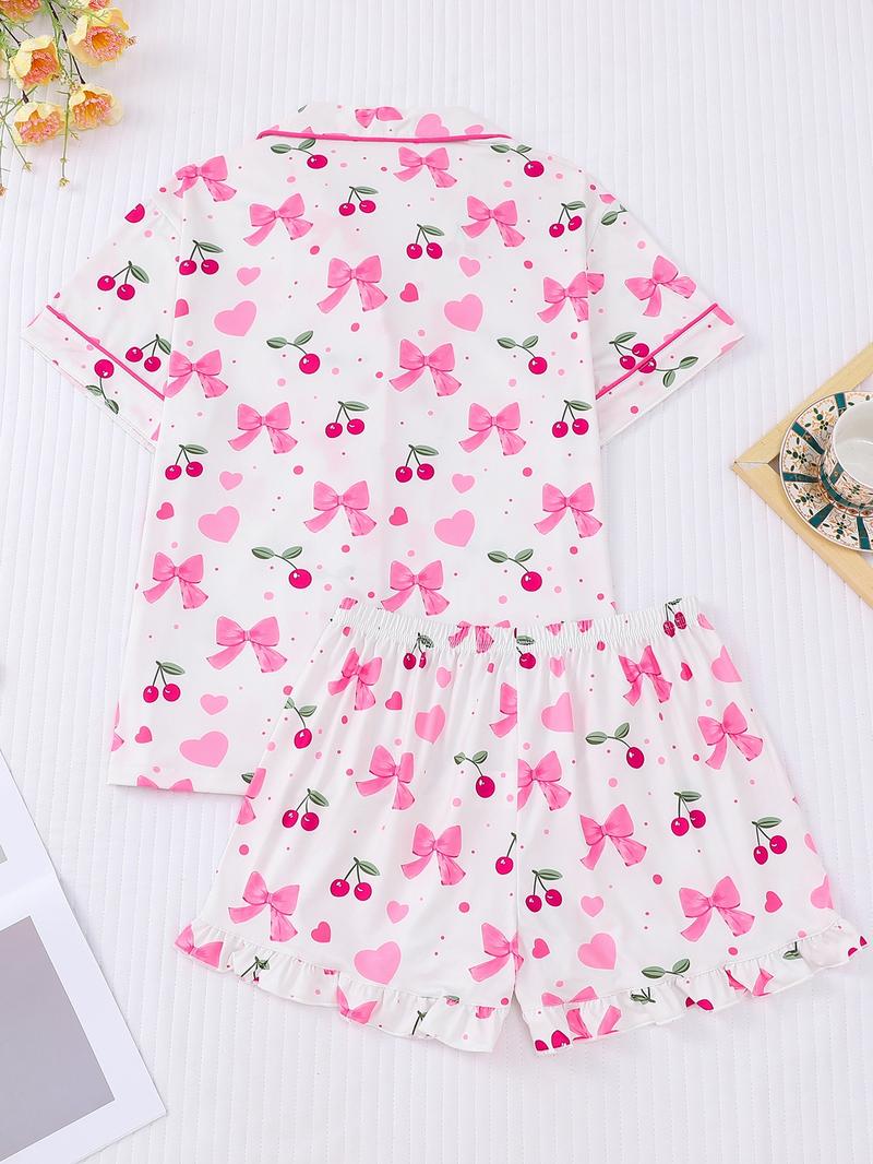 Women's All Over Print Pocket Crop Top & Shorts Pyjama Two-piece Set, Casual Comfy Short Sleeve Collared Top & Shorts PJ Set, Ladies Summer Sleepwear, Loungewear, Pajama Set