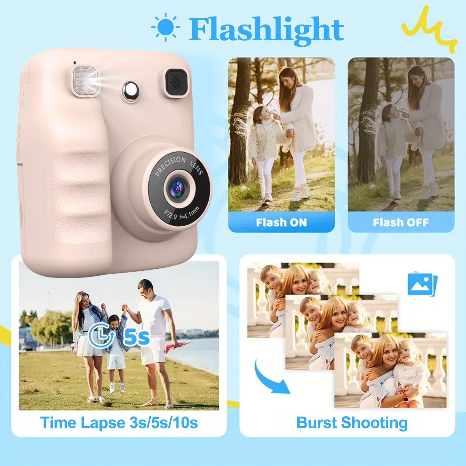 Kids Instant Print Camera 48MP High Definition 1080P Video, 8X Magnification Zoom with Flashlight, 5 Color Photo Filters, 3s/5s/10s Timed Shooting & 3/5 Burst Shooting, Includes 3 Rolls Printing Paper, Great Camera Toy for Kids