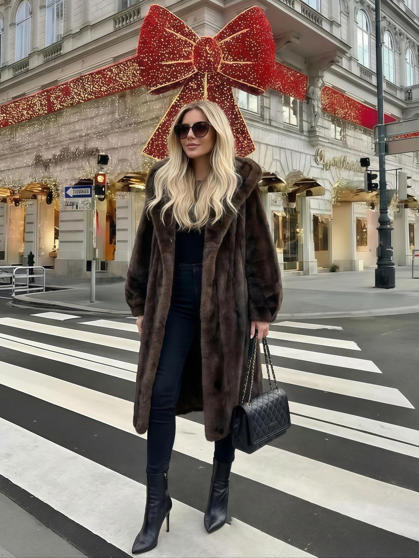 Women's Faux Fur Coat, Winter Fashionable Long Sleeve Hooded Jacket, Casual Loose Fit Medium-Length Outerwear for Daily Wear