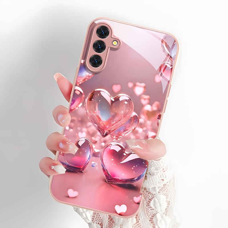 Women's Multi-Model Tempered Glass Phone Case - Fashionable, Versatile, Durable Pink Heart-Shaped Cover Compatible with Samsung Galaxy A14 A15 A16 A23 A25 A26 A32 A54 NOTE20 S20 S21 S22 S23 S24 S25 FE Plus Ultra