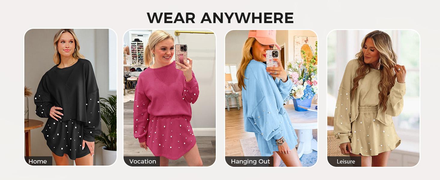 Fisoew Womens Casual 2 Piece Outfits Decor Pearl Long Sleeve Sweatshirt and Fall Loose Skort Mini Skirt Sets Womenswear Crewneck Clothes #Springtok #ValentinesDay SpringStatements