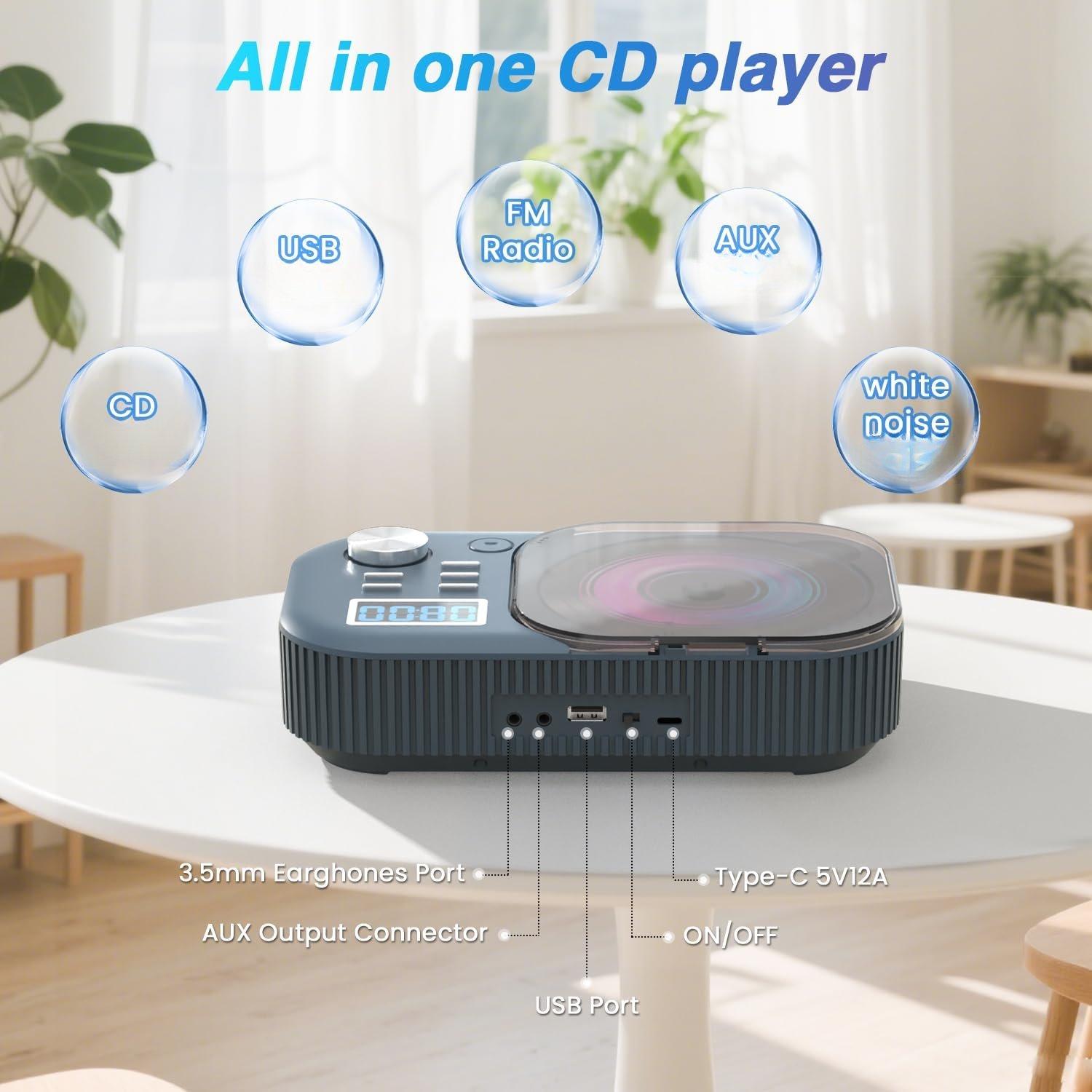 CD Player Portable, White Noise Portable CD Player with / Stereo Speakers,Support FM Radio/USB/AUX,Remote Control,4000mAh Rechargeable CD Players for / Navy Blue