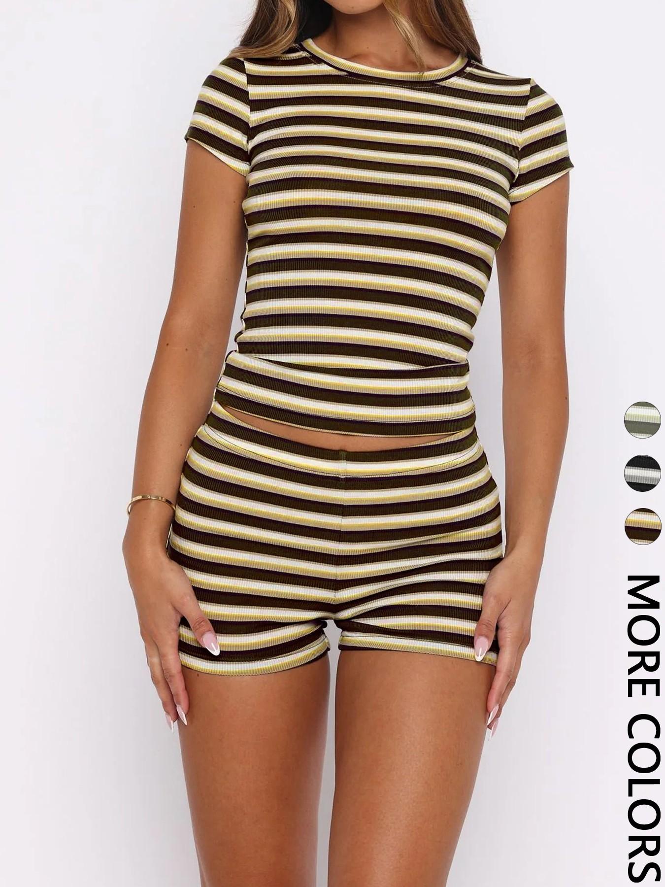 Women's Summer Olive Striped Casual Slim Fit Two-Piece Set, Round Neck Short Sleeve Top + High Waist Mini Shorts