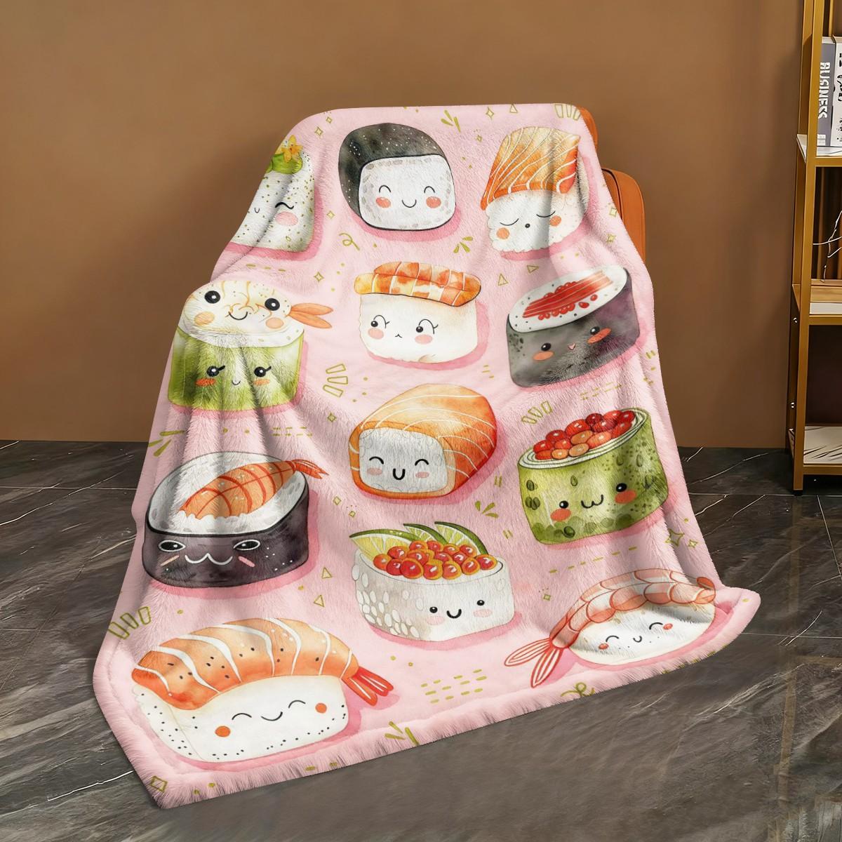 Cute Sushi Pattern Flannel Blanket, Soft Skin-Friendly Warm, Easy to Store, Multi-Scene Home Office Travel Throw, Suitable for Sushi Lovers