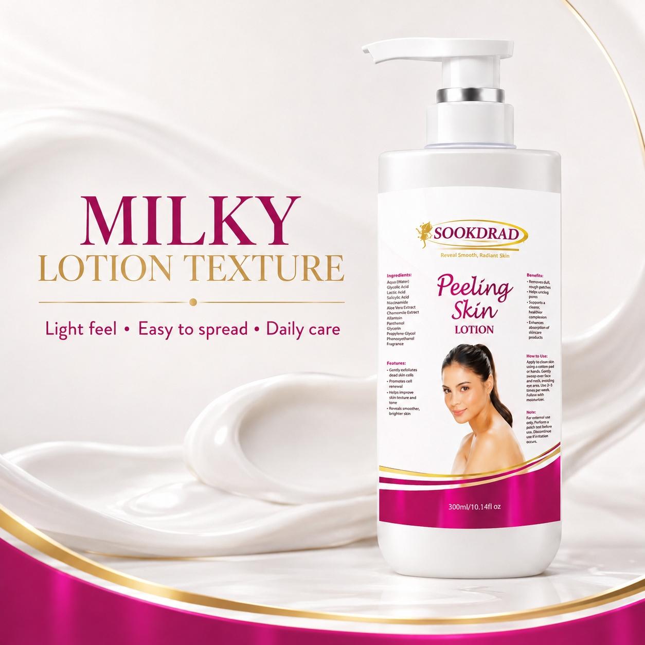 Peeling Skin Lotion, contains Glycolic Acid, Lactic Acid, Salicylic Acid, Niacinamide, Aloe Vera Extract, Chamomile Extract, exfoliates dead skin cells, improves skin texture, unclogs pores, reveals