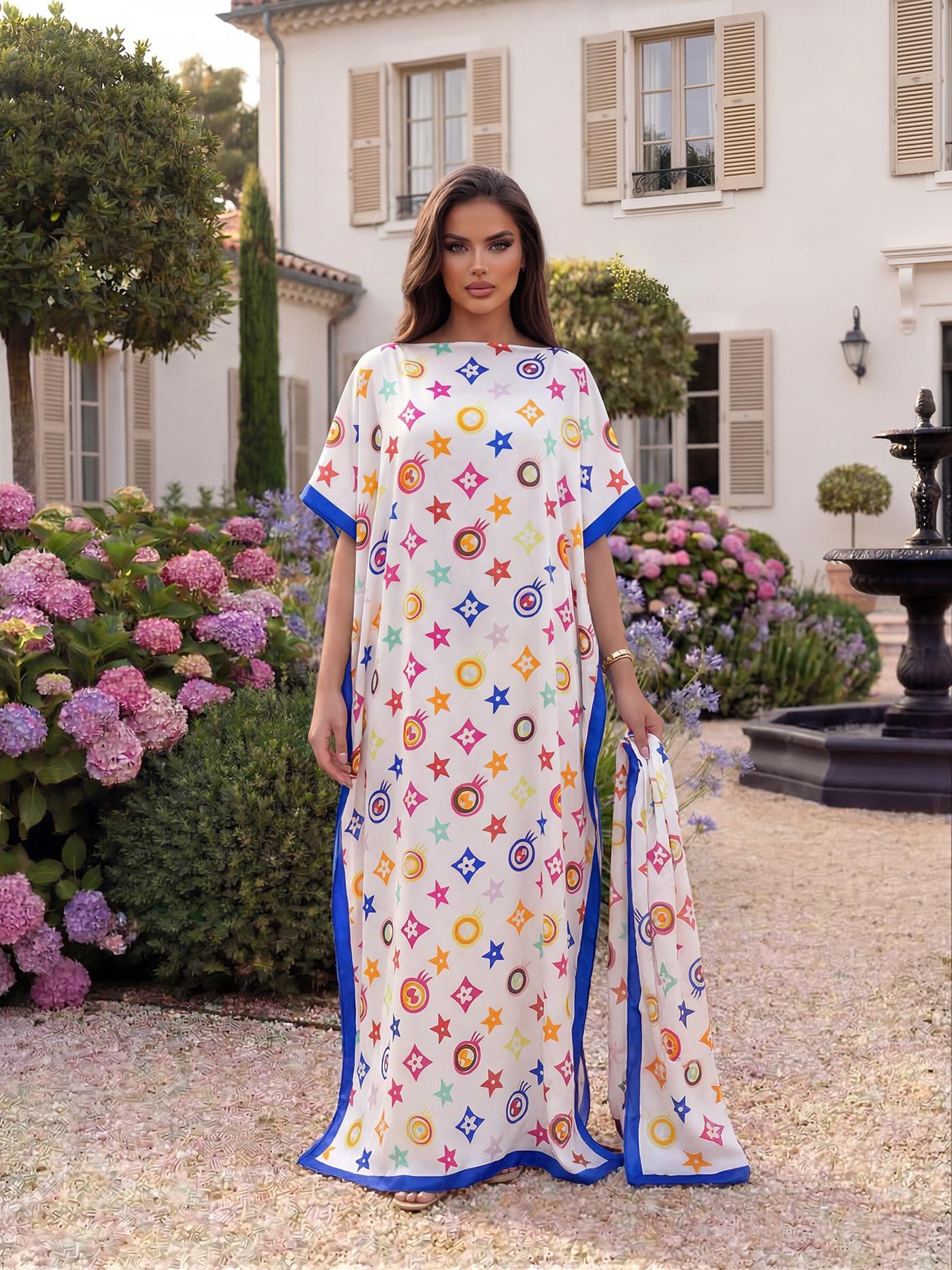 Women's Elegant Chic Geometric Print Robe Set, Long Dress & Scarf Shawl, Beach Sun Protection Satin Silk Matching Set