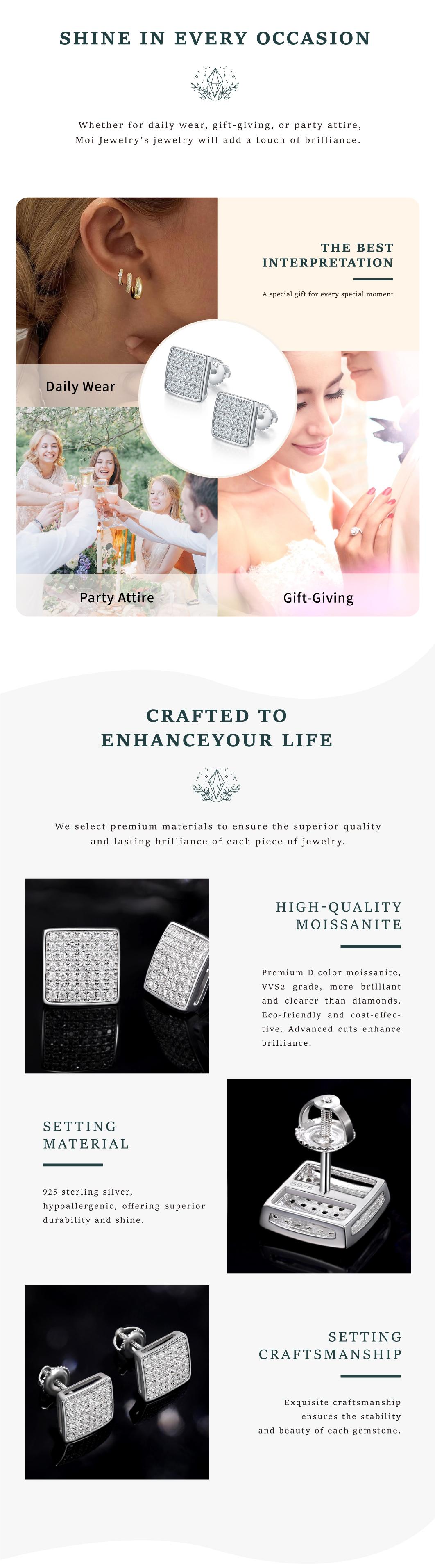 Unisex Street Hip-Hop Square Stud Earrings｜98pcs Synthetic Moissanite & 925 Sterling Silver – Bold & Bright