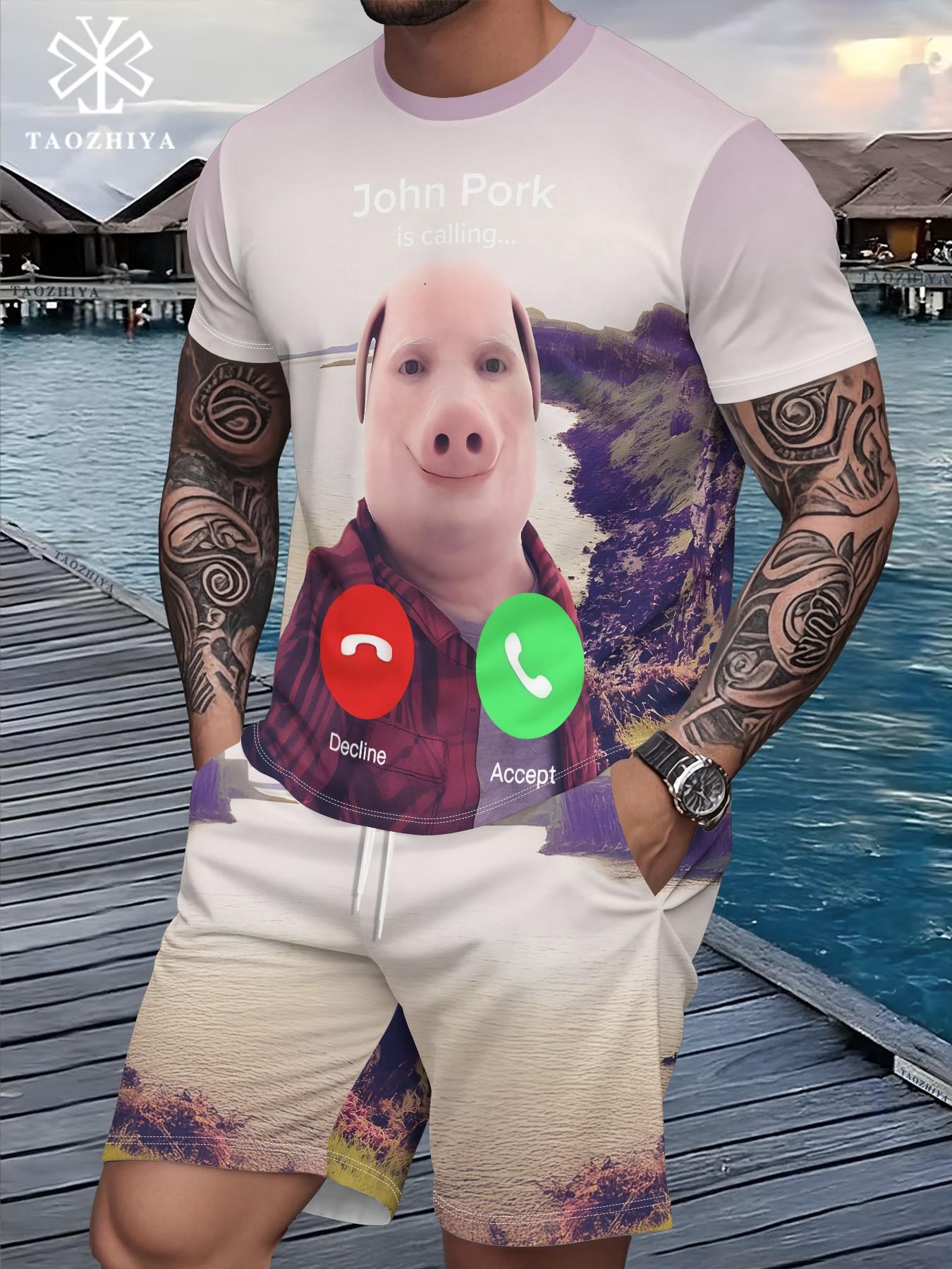 Men's Printed T-Shirt and Shorts Set, John Pork 3D Print Short Sleeve Tee and Casual Shorts, Unique Cool Street Style Outfit