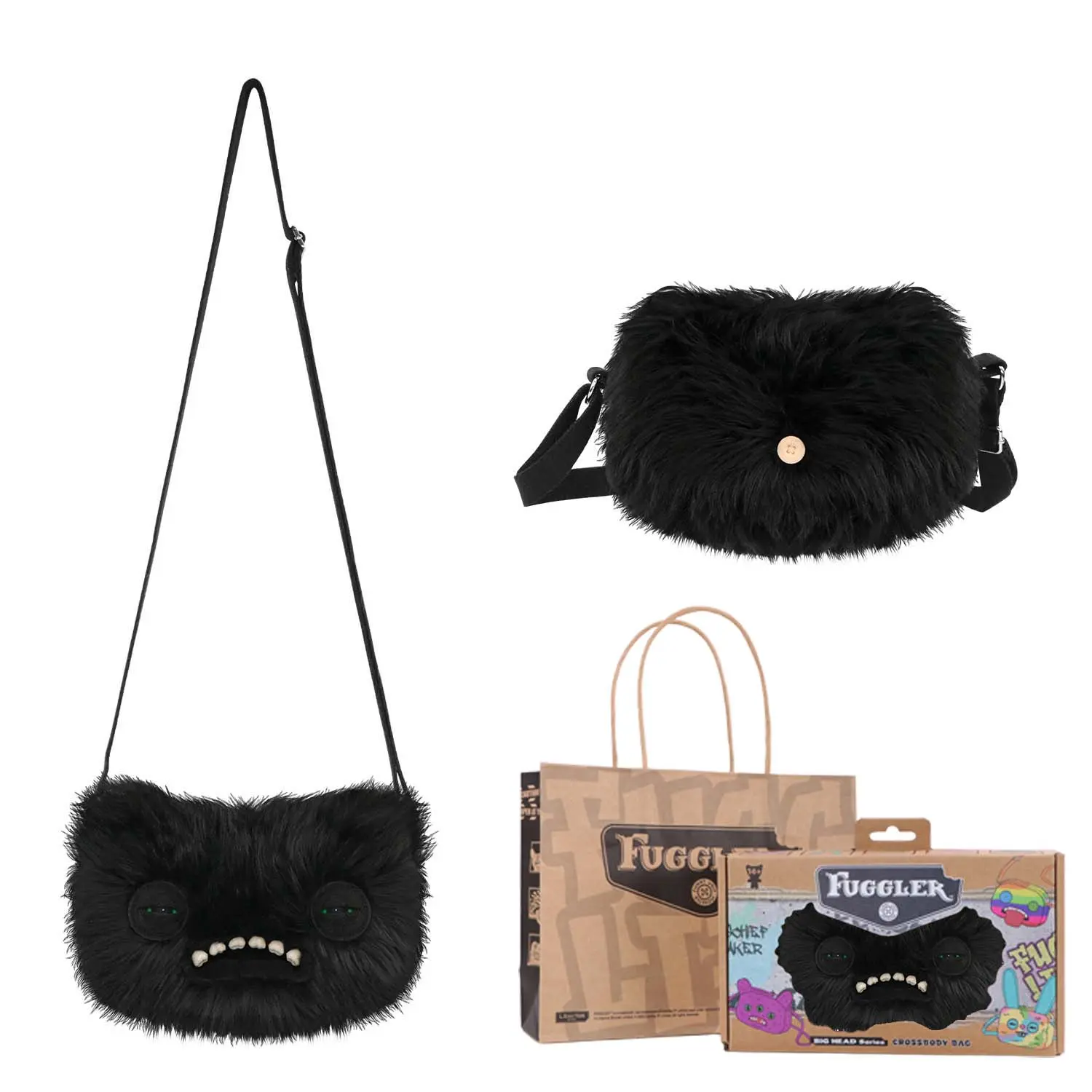 Fuggler Plush Toothy Monster Doll Crossbody Bag, Shoulder Bag with Adjustable Strap, Comes with Gift Box & Paper Bag