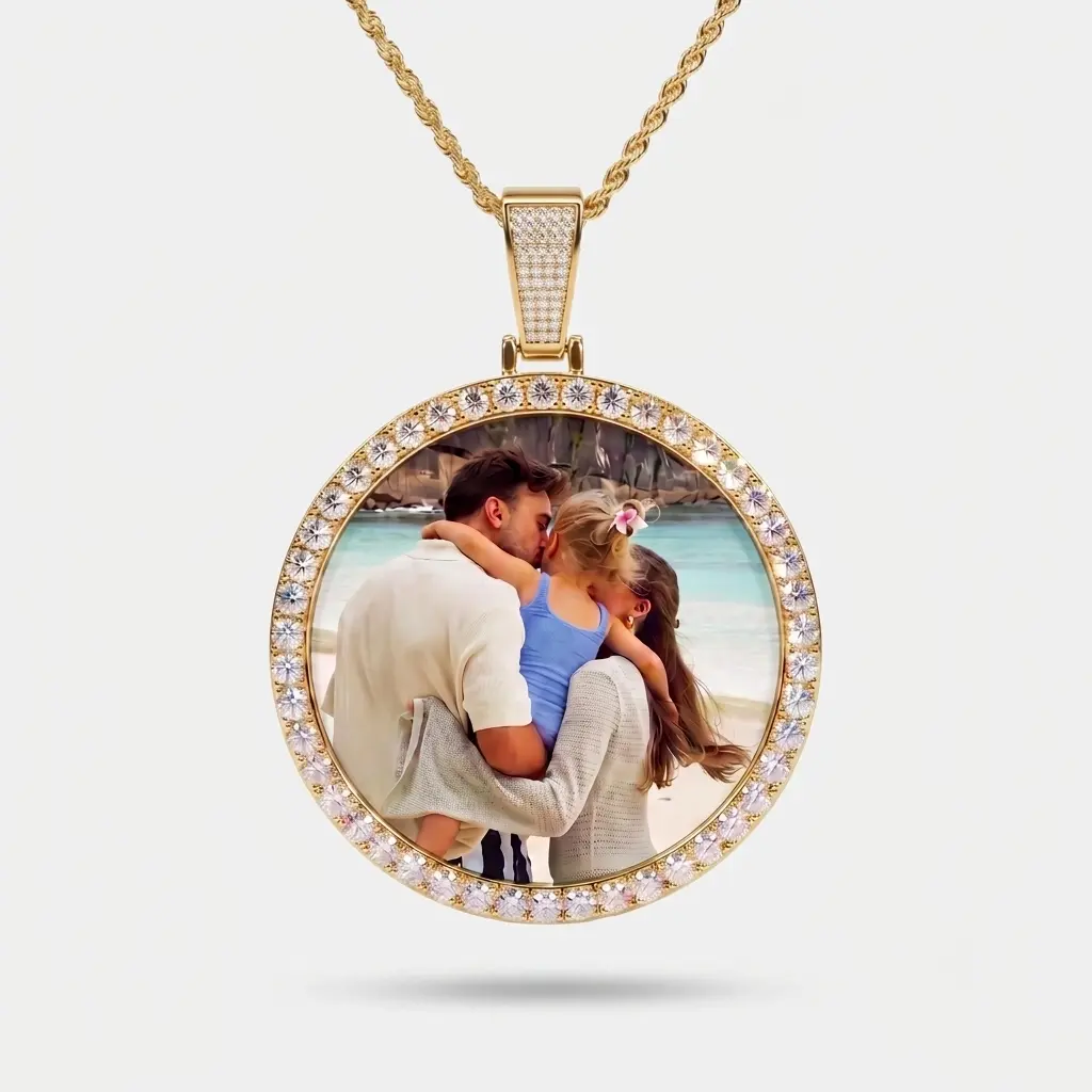 IH Custom Photo Pendant Necklace Personalized Round Picture Charm 18K Gold Plated Natural Sri Lanka Zircon Iced Out Hip Hop for Men Women
