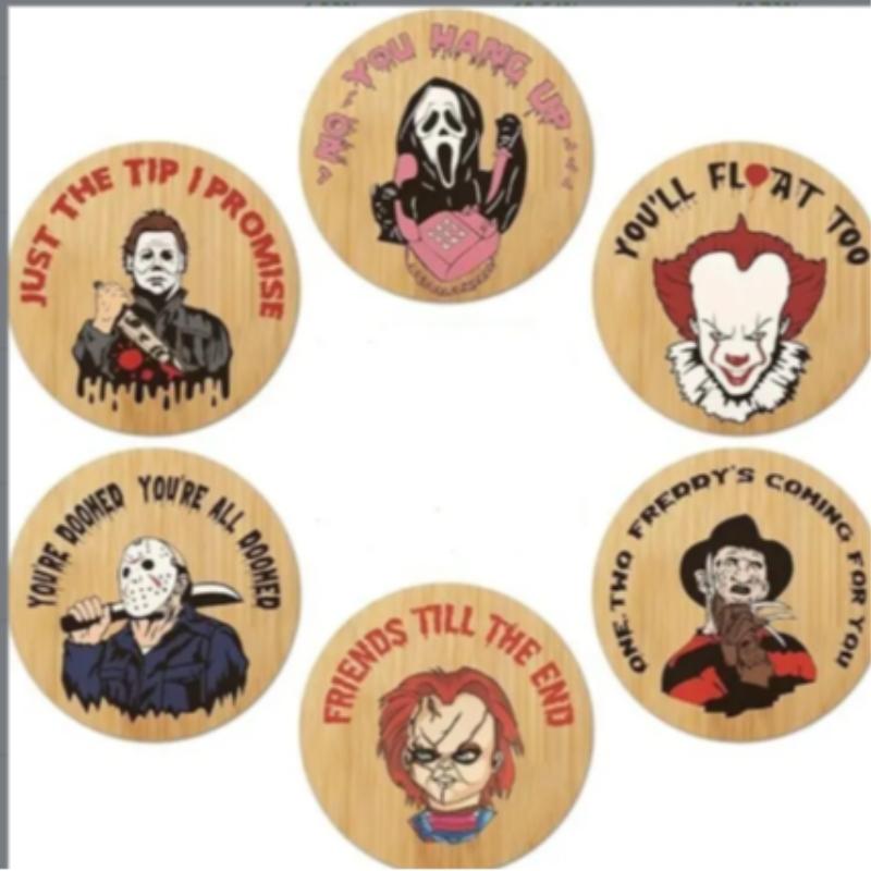 6 Piece Horror Movie Character Coaster Set, Unique Halloween Round Coasters, Wooden Coasters, Party Decoration, Perfect for Coffee Table and Kitchen Display