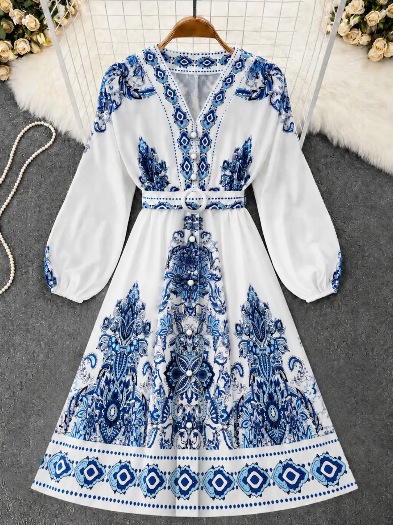 Summer Womenswear Fashion Chic Casual Dresses, Blue White Boho Bohemian Print V Neck Long Sleeve Puff Sleeve Belted A Line Mini Maxi Dress For Any Occasion