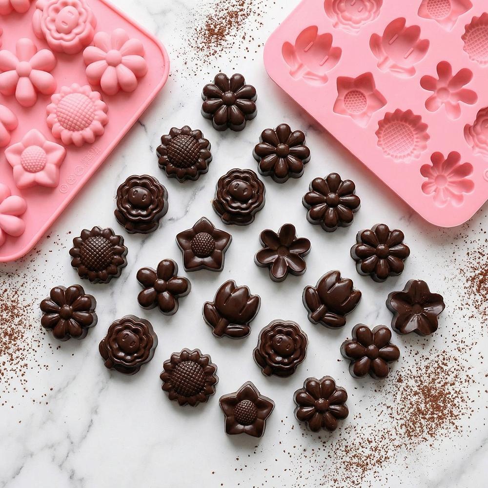 3pcs 12-Cavity Flower-Shaped Chocolate Silicone Molds, DIY Candy Pudding Baking Cookie Birthday Cake Decoration