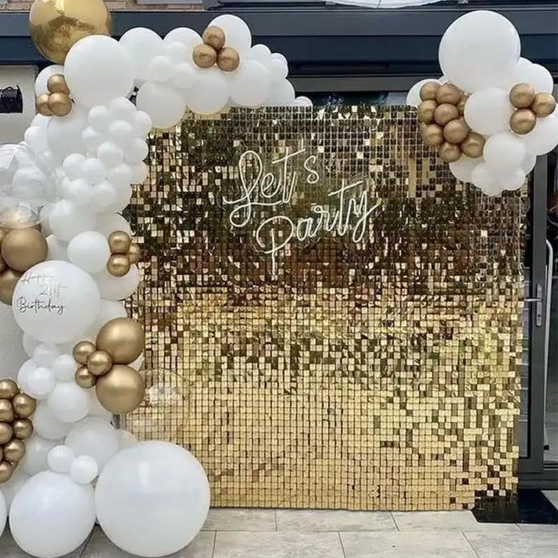 Sequin Backdrop, 24 Panels Square Sequin Shimmer Backdrop, Photo Backdrops for Birthday, Anniversary, Wedding, Graduation & Bachelorette Party Decoration, without Balloons, Wall Hanging Backdrop