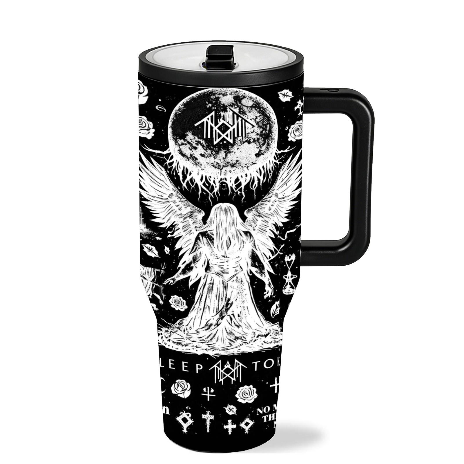 40oz Dark Angel Gothic Tumbler, Black White Rock Art Insulated Mug with Handle and Straw, Unique Statement Cup, Perfect Gift for Rock Fans, Metal Music Lovers and Alternative Style Friends