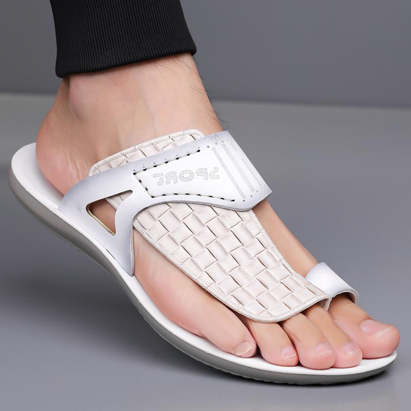 Men's Summer New Sandals, Letter Print Straw Texture, Trendy Anti-Slip Thin Sole, Casual Beach Shoes, Fashionable and Comfortable