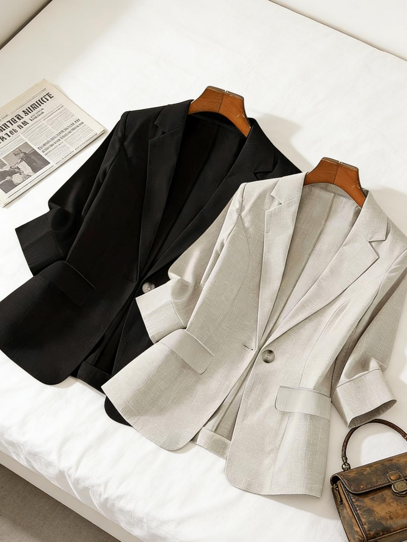 Women's two-piece plain color single-breasted double-pocket half-sleeve five-point suit jacket, suitable for spring and summer suitable for commuting outfit.