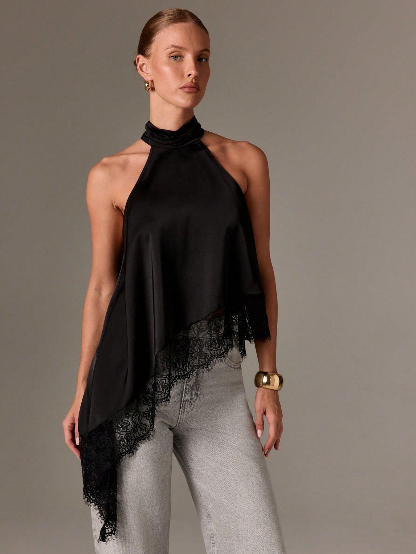 Elegant Asymmetric High Neck Satin Halter Top with Lace Trim, Sleeveless Design for Evening Parties and Formal Occasions