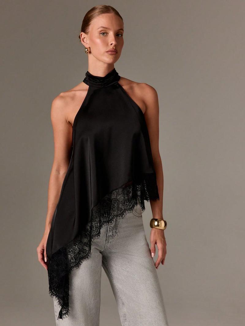 Elegant Asymmetric High Neck Satin Halter Top with Lace Trim, Sleeveless Design for Evening Parties and Formal Occasions