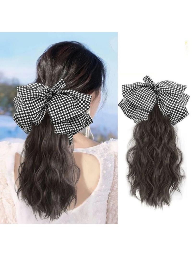 Long Wavy Claw Clip On Black White Bow Hair Extensions Pony Tail Hairpiece Lady Wigs for Women Wig Ponytail Bow Hair Accessories Girls Grab Clip Water Ripple Ponytail Braid High Value Wig Human Hair(Dark Brown,Black Bow)